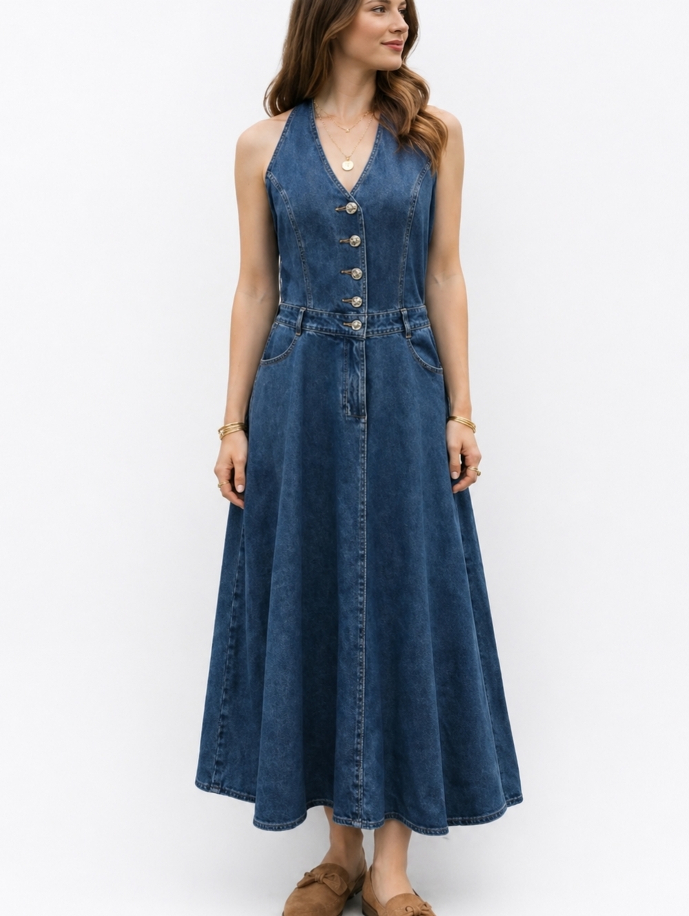 Denim Midi Dress Size 8 Button Front A Line Sleeveless Jean Dress NWT